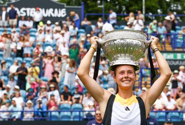 29th June 2024; Devonshire Park, Eastbourne, East Sussex, England: Rothesay International Eastbourne, Day 6; Daria Kasatkina celebrates with the Rothesay International trophy after winning the womens singles final match  ActionPlus12661476 HongboxChen
