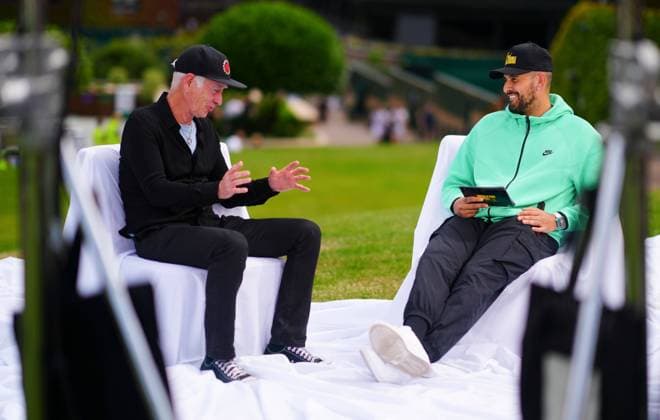 Nick Kyrgios presents an episode of his podcast Good Trouble with guest John McEnroe Wimbledon Tennis Championships, Practice and Previews, The All England Lawn Tennis and Croquet Club, London, UK - 29 Jun 2024  Copyright: xJavierxGarcia Shutterstockx 14560180bx