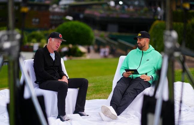 Nick Kyrgios presents an episode of his podcast Good Trouble with guest John McEnroe on Henman Hill Wimbledon Tennis Championships, Practice and Previews, The All England Lawn Tennis and Croquet Club, London, UK - 29 Jun 2024  Copyright: xJavierxGarcia Shutterstockx 14560180by