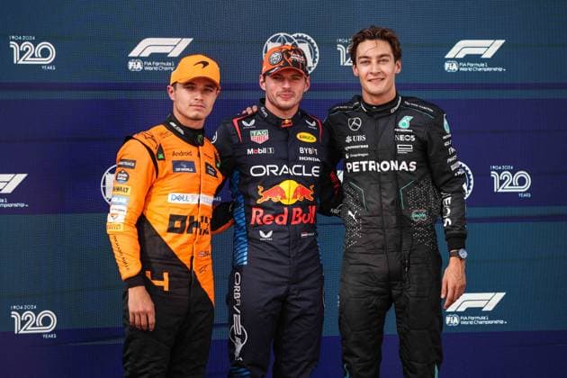 VERSTAPPEN Max (ned), Red Bull Racing RB20, portrait NORRIS Lando (gbr), McLaren F1 Team MCL38, portrait RUSSELL George (gbr), Mercedes AMG F1 Team W15, portrait during the Formula 1 Qatar Airways Austrian Grand Prix 2024, 11th round of the 2024 Formula One World Championship, WM, Weltmeisterschaft from June 28 to 30, 2024 on the Red Bull Ring, in Spielberg, Austria - F1 - AUSTRIAN GRAND PRIX 2024 DPPI Panoramic 240629_R11_AUSTRIA_DP_XB3_9556