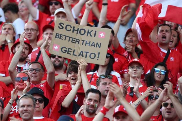 29 06 2024, xtgx, European Football Championship 2024 1 8 Final, Switzerland Italy emspor, v l emotions, fans, atmosphere, flags, logo, Switzerland, white red, spectators, jerseys DFL DFB REGULATIONS PROHIBIT ANY USE OF PHOTOGRAPHS as IMAGE SEQUENCES and or QUASI VIDEO Berlin