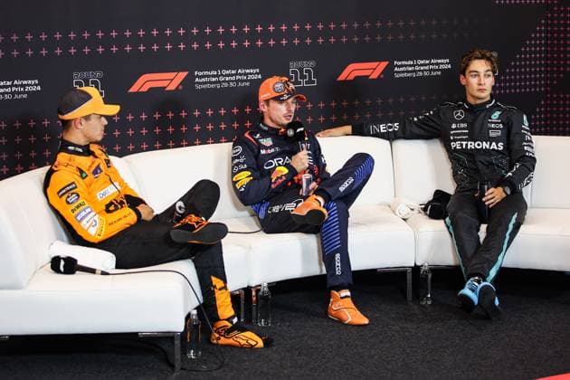 VERSTAPPEN Max (ned), Red Bull Racing RB20, portrait NORRIS Lando (gbr), McLaren F1 Team MCL38, portrait RUSSELL George (gbr), Mercedes AMG F1 Team W15, portrait press conference, PK, Pressekonferenz during the Formula 1 Qatar Airways Austrian Grand Prix 2024, 11th round of the 2024 Formula One World Championship, WM, Weltmeisterschaft from June 28 to 30, 2024 on the Red Bull Ring, in Spielberg, Austria - F1 - AUSTRIAN GRAND PRIX 2024 DPPI Panoramic 240629_R11_AUSTRIA_DP_XB3_9634