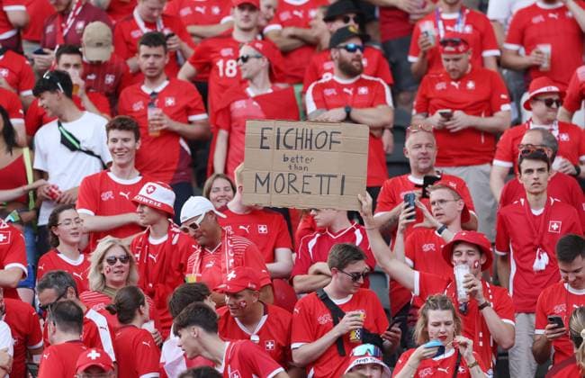 Switzerland Fans Enjoy the Atmosphere before the match Switzerland v Italy, UEFA European Championship, EM, Europameisterschaft 2024, Round of 16, Football, Olympiastadion, Berlin, Germany - 29 Jun 2024 EDITORIAL USE ONLY No use with unauthorised audio, video, data, fixture lists, club league logos or live services. Online in-match use limited to 120 images, no video emulation. No use in betting, games or single club league player publications. Copyright: xPaulxCurrie Shutterstockx 14562043aa
