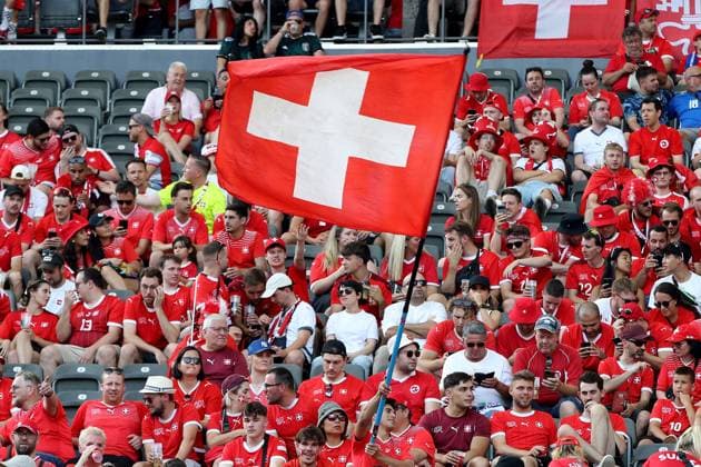 29 06 2024, xtgx, European Football Championship 2024 1 8 Final, Switzerland Italy emspor, v l emotions, fans, atmosphere, flags, logo, Switzerland, white red, spectators, jerseys UEFA REGULATIONS PROHIBIT ANY USE OF PHOTOGRAPHS as IMAGE SEQUENCES and or QUASI VIDEO Berlin