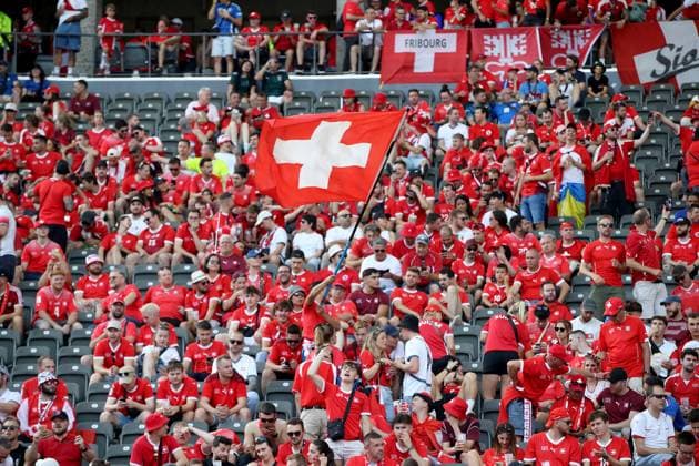 29 06 2024, xtgx, European Football Championship 2024 1 8 Final, Switzerland Italy emspor, v l emotions, fans, atmosphere, flags, logo, Switzerland, white red, spectators, jerseys UEFA REGULATIONS PROHIBIT ANY USE OF PHOTOGRAPHS as IMAGE SEQUENCES and or QUASI VIDEO Berlin