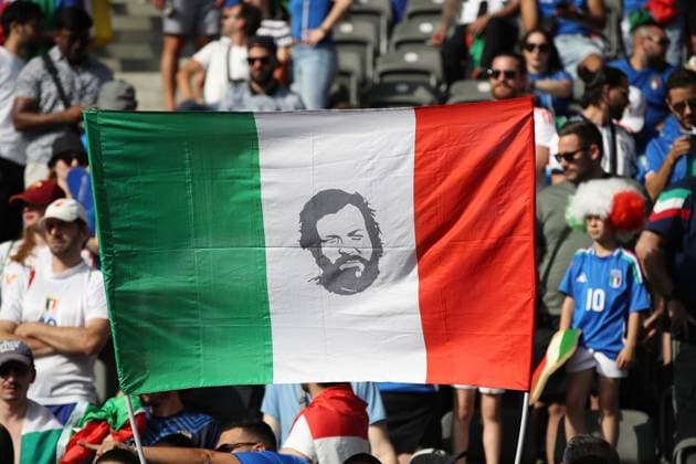 29 06 2024, xtgx, European Football Championship 2024 1 8 Final, Switzerland Italy emspor, v l emotions, fans, atmosphere, flags, logo, Italy, spectators, jerseys Bud Spencer flag UEFA REGULATIONS PROHIBIT ANY USE OF PHOTOGRAPHS as IMAGE SEQUENCES and or QUASI VIDEO Berlin