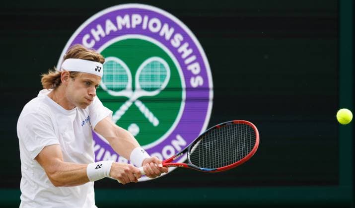 Belgian Zizou Bergs in action during a training session during preparations ahead of the 2024 Wimbledon grand slam tennis tournament at the All England Tennis Club, in south-west London, Britain, Saturday 29 June 2024. BENOITxDOPPAGNE  x95493765x