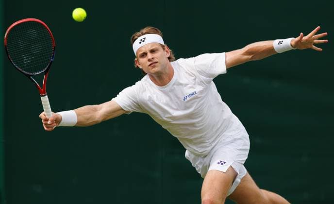 Belgian Zizou Bergs in action during a training session during preparations ahead of the 2024 Wimbledon grand slam tennis tournament at the All England Tennis Club, in south-west London, Britain, Saturday 29 June 2024. BENOITxDOPPAGNE  x95494864x