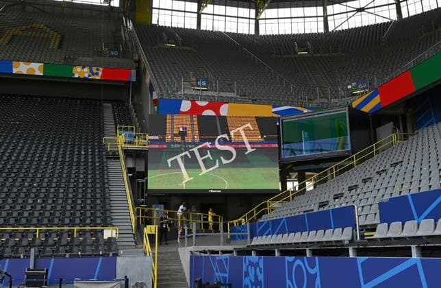 Soccer, men, season 2023 24, Euro EM 2024 round of 16 in Dortmund , Germany Denmark, test of the scoreboard before the match, 29 06 2024, Copyright: xMatthiasxKochx