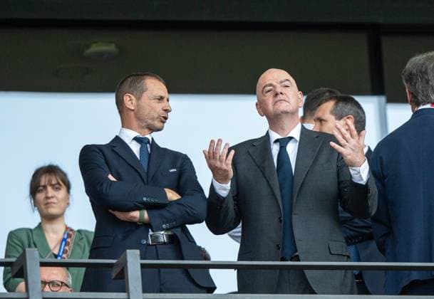 Football, men, season 2023 24, Euro 2024 round of 16 in Berlin, Switzerland Italy, f l President Aleksander Ceferin UEFA , President Gianni Infantino FIFA in the stands, 29 06 2024, Copyright: xSebastianxRäppold MatthiasxKochx
