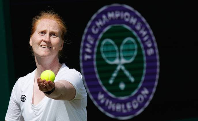 Belgian Alison Van Uytvanck tosses the ball to serve during a training session during preparations ahead of the 2024 Wimbledon grand slam tennis tournament at the All England Tennis Club, in south-west London, Britain, Saturday 29 June 2024. BENOITxDOPPAGNE  x95495252x