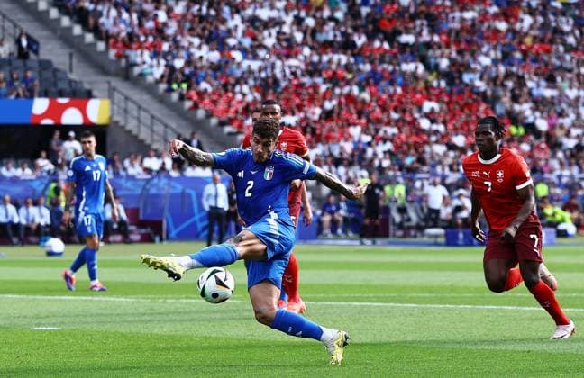 Giovanni Di Lorenzo of Italy miss kicks a chance at goal but was flagged offside from a clever free kick routine Switzerland v Italy, UEFA European Championship, EM, Europameisterschaft 2024, Round of 16, Football, Olympiastadion, Berlin, Germany - 29 Jun 2024 EDITORIAL USE ONLY No use with unauthorised audio, video, data, fixture lists, club league logos or live services. Online in-match use limited to 120 images, no video emulation. No use in betting, games or single club league player publications. Copyright: xMichaelxZemanek Shutterstockx 14562039z