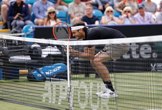 29th June 2024; Devonshire Park, Eastbourne, East Sussex, England: Rothesay International Eastbourne, Day 6; Taylor Fritz (USA) and Max Purcell (AUS) wait for the match point hawk eye challenge result in the mens singles final match  ActionPlus12661540 HongboxChen