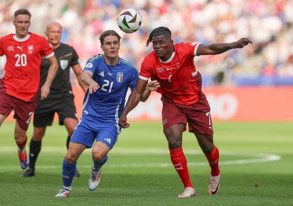 Nicolo Fagioli of Italy and Breel Embolo of Switzerland Switzerland v Italy, UEFA European Championship, EM, Europameisterschaft 2024, Round of 16, Football, Olympiastadion, Berlin, Germany - 29 Jun 2024 EDITORIAL USE ONLY No use with unauthorised audio, video, data, fixture lists, club league logos or live services. Online in-match use limited to 120 images, no video emulation. No use in betting, games or single club league player publications. Copyright: xPaulxCurrie Shutterstockx 14562043av