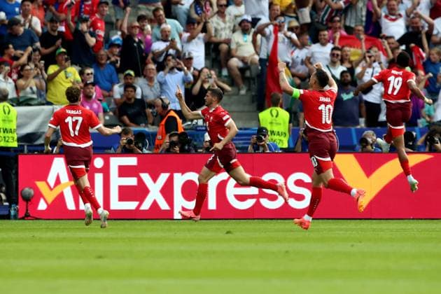 29 06 2024, xtgx, European Football Championship 2024 1 8 Final, Switzerland Italy emspor, v l Goal celebration after the goal to celebrate the goal celebrate 1 0 by Remo Freuler Switzerland with Ruben Vargas Switzerland Granit Xhaka Switzerland Dan Ndoye Switzerland UEFA REGULATIONS PROHIBIT ANY USE OF PHOTOGRAPHS as IMAGE SEQUENCES and or QUASI VIDEO Berlin