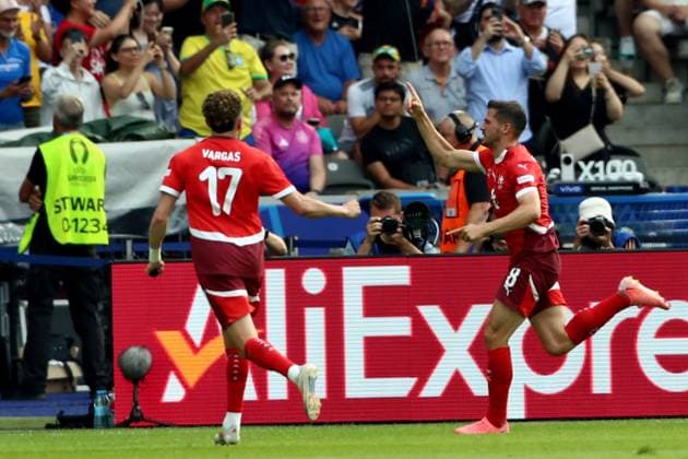 29 06 2024, xtgx, European Football Championship 2024 1 8 Final, Switzerland Italy emspor, v l Goal celebration after the goal to celebrate the goal celebrate 1 0 by Remo Freuler Switzerland with Ruben Vargas Switzerland UEFA REGULATIONS PROHIBIT ANY USE OF PHOTOGRAPHS as IMAGE SEQUENCES and or QUASI VIDEO Berlin