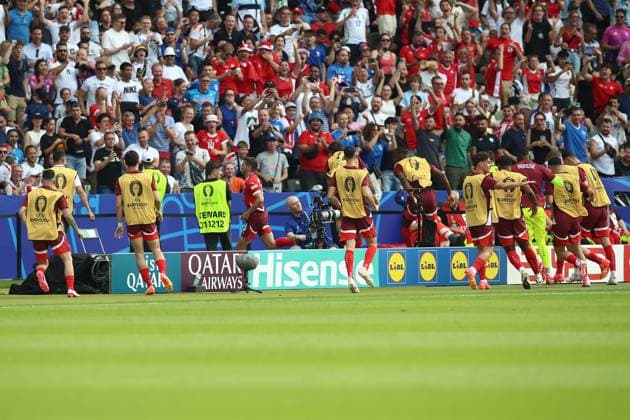 29 06 2024, xtgx, European Football Championship 2024 1 8 Final, Switzerland Italy emspor, v l Goal celebration after the goal to celebrate the goal celebrate 1 0 by Remo Freuler Switzerland UEFA REGULATIONS PROHIBIT ANY USE OF PHOTOGRAPHS as IMAGE SEQUENCES and or QUASI VIDEO Berlin