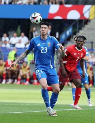 Alessandro Bastoni on the ball, Breel Embolo Sport Football Soccer European Championship Euro 2024 European Championship Men Season 2023 2024 29 06 2024 Switzerland SUI vs Italy ITA in Berlin DFL regulations prohibit any use of photographs as image sequences and or quasi video