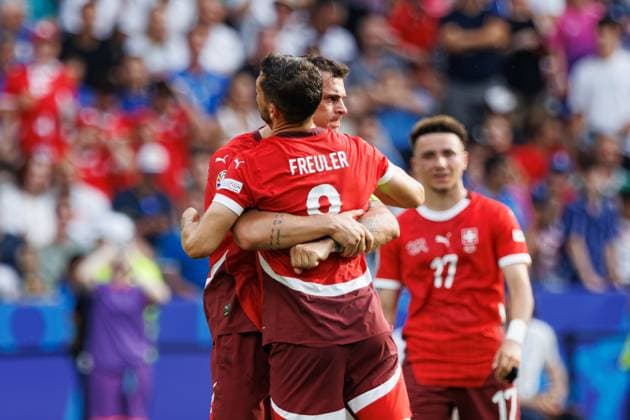 Remo Freuler and Granit Xhaka seen celebrating after scoring goal during UEFA EURO, EM, Europameisterschaft,Fussball 2024 Round of 16 game between national teams of Switzerland and Italy at Olympiastadion, Berlin, Germany (Maciej Rogowski) Berlin Olympiastadion Germany Copyright: xMaciejxRogowskix suiita-16