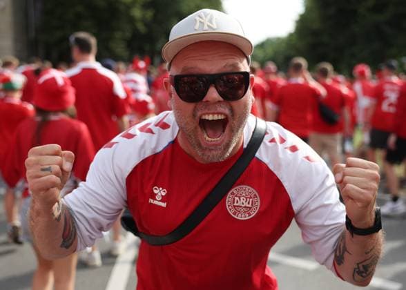Dortmund, Germany, 29th June 2024. Denmark fans arriving early to join in the atmosphere before the UEFA European Championships Group 16 match at the BVB Stadion, Dortmund. Picture credit should read: Paul Terry Sportimage EDITORIAL USE ONLY. No use with unauthorised audio, video, data, fixture lists, club league logos or live services. Online in-match use limited to 120 images, no video emulation. No use in betting, games or single club league player publications. SPI-3213-0010