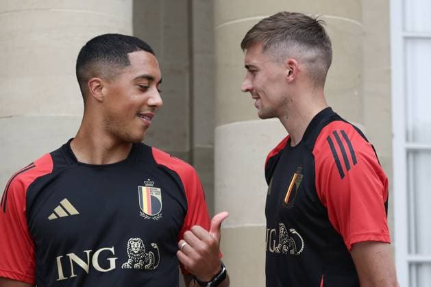 Belgium s Youri Tielemans and Belgium s Timothy Castagne pictured during an informal press moment of some players of Belgian national soccer team Red Devils, Saturday 29 June 2024 at their base camp in Freiberg am Neckar, Germany, during the UEFA EURO, EM, Europameisterschaft,Fussball 2024 European Soccer Championships. On Monday the Red Devils will meet France in the Round of 16. BRUNOxFAHY  x95498384x