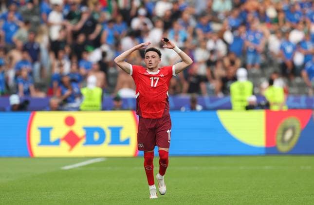 Ruben Vargas of Switzerland scores the second goal 2-0 and celebrates Switzerland v Italy, UEFA European Championship, EM, Europameisterschaft 2024, Round of 16, Football, Olympiastadion, Berlin, Germany - 29 Jun 2024 EDITORIAL USE ONLY No use with unauthorised audio, video, data, fixture lists, club league logos or live services. Online in-match use limited to 120 images, no video emulation. No use in betting, games or single club league player publications. Copyright: xPaulxCurrie Shutterstockx 14562043bm
