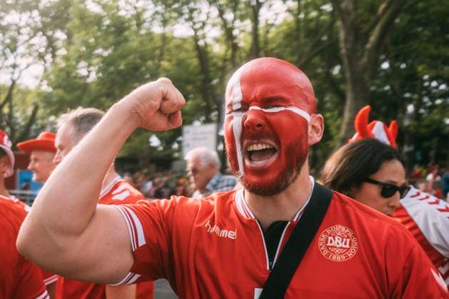 Dortmund, Signal Iduna Park, 29 06 2024 Denmark fan celebrates prior the match UEFA European Championship 2024 Germany v Denmark