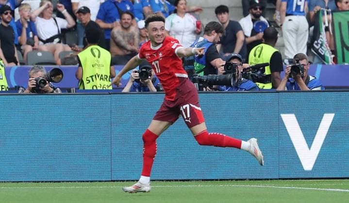 Ruben Vargas cheers after 2 0 joy emotion jubilation Sport Football Soccer European Championship Euro 2024 European Championship Men Season 2023 2024 29 06 2024 Switzerland SUI vs Italy ITA in Berlin DFL regulations prohibit any use of photographs as image sequences and or quasi video