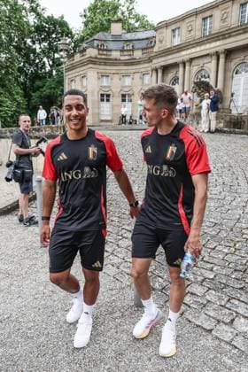 Belgium s Youri Tielemans and Belgium s Timothy Castagne leave after an informal press moment of some players of Belgian national soccer team Red Devils, Saturday 29 June 2024 at their base camp in Freiberg am Neckar, Germany, during the UEFA EURO, EM, Europameisterschaft,Fussball 2024 European Soccer Championships. On Monday the Red Devils will meet France in the Round of 16. BRUNOxFAHY  x95499045x