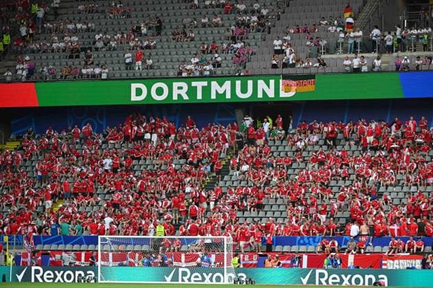 Soccer, Men, Season 2023 24, Euro EM 2024 Round of 16 in Dortmund , Germany Denmark, Fans of Denmark in the stands , 29 06 2024, Copyright: xMatthiasxKochx