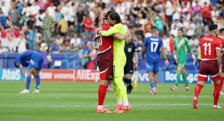 Granit Xhaka cheers after winning with goalkeeper Yann Sommer Joy Emotion Jubilation Sport Football Soccer European Championship Euro 2024 European Championship Men Season 2023 2024 29 06 2024 Switzerland SUI vs Italy ITA in Berlin DFL regulations prohibit any use of photographs as image sequences and or quasi video
