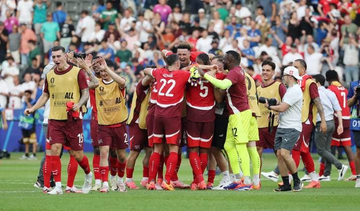 Swiss team cheers after the end of the match 2 0 Victory Joy Emotion Cheering Sport Football Soccer European Championship Euro 2024 European Championship Men Season 2023 2024 29 06 2024 Switzerland SUI vs Italy ITA in Berlin DFL regulations prohibit any use of photographs as image sequences and or quasi video