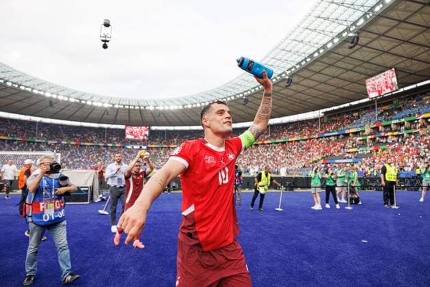Granit Xhaka seen celebrating after UEFA EURO, EM, Europameisterschaft,Fussball 2024 Round of 16 game between national teams of Switzerland and Italy at Olympiastadion, Berlin, Germany (Maciej Rogowski) Berlin Olympiastadion Germany Copyright: xMaciejxRogowskix suiita-7-2