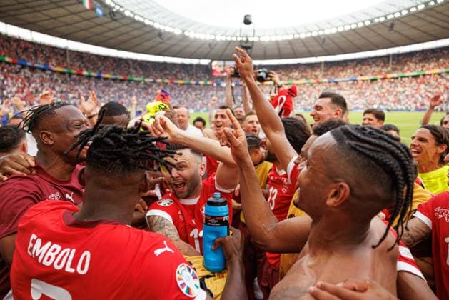 Players of Switzerland seen celebrating after UEFA EURO, EM, Europameisterschaft,Fussball 2024 Round of 16 game between national teams of Switzerland and Italy at Olympiastadion, Berlin, Germany (Maciej Rogowski) Berlin Olympiastadion Germany Copyright: xMaciejxRogowskix suiita-9-2
