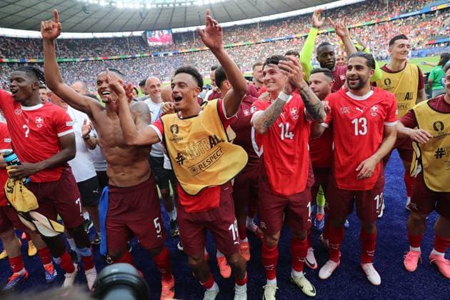 29 06 2024, xtgx, European Football Championship 2024 1 8 Final, Switzerland Italy emspor, v l jubilation, joy, emotions about the victory for the Swiss UEFA REGULATIONS PROHIBIT ANY USE OF PHOTOGRAPHS as IMAGE SEQUENCES and or QUASI VIDEO Berlin
