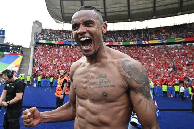 BERLIN, GERMANY - JUNE 29: Manuel Akanji of Switzerland celebrates winning the match between Switzerland and Italy on Round of 16 - UEFA EURO, EM, Europameisterschaft,Fussball 2024 at Olympiastadion on June 28, 2024 in Berlin, Germany. Photo by Sebastian Frej Switzerland v Italy - Round of 16 - UEFA EURO 2024 Copyright: xSebastianxFrejx