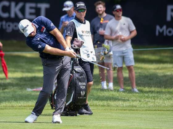 DETROIT, MI - JUNE 29: Ryan Fox (NZL) hits the ball during the third round of the Rocket Mortgage Classic on June 29, 2024 at Detroit Golf Club in Detroit, Michigan. (Photo by Joseph Weiser Icon Sportswire) GOLF: JUN 29 PGA, Golf Herren Rocket Mortgage Classic EDITORIAL USE ONLY Icon2406290093