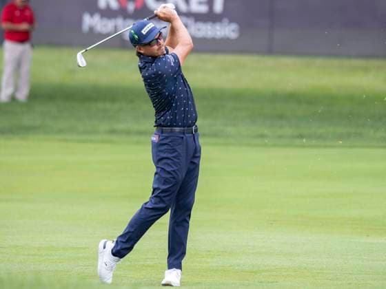 DETROIT, MI - JUNE 29: Rickie Fowler (USA) hits the ball during the third round of the Rocket Mortgage Classic on June 29, 2024 at Detroit Golf Club in Detroit, Michigan. (Photo by Joseph Weiser Icon Sportswire) GOLF: JUN 29 PGA, Golf Herren Rocket Mortgage Classic EDITORIAL USE ONLY Icon2406290223