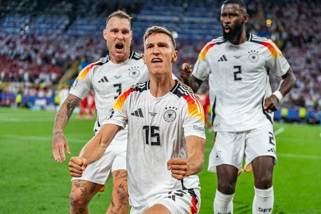 Antonio Ruediger Germany 02 Nico Schlotterbeck Germany 15 and David Raum Germany 03 cheer after Nico Schlotterbeck Germany 15s offside goal Germany vs Denmark, Men, Football, Round of 16, EURO 2024, 29 06 2024, European Championship Germany vs Denmark, Men, Football, Round of 16, EURO 2024, 29 06 2024, European Championship Dortmund Copyright: xEibner-Pressefoto BahhoxKarax EP_GER