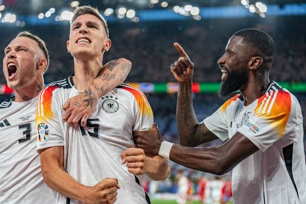 Antonio Ruediger Germany 02 Nico Schlotterbeck Germany 15 and David Raum Germany 03 cheer after Nico Schlotterbeck Germany 15s offside goal Germany vs Denmark, Men, Football, Round of 16, EURO 2024, 29 06 2024, European Championship Germany vs Denmark, Men, Football, Round of 16, EURO 2024, 29 06 2024, European Championship Dortmund Copyright: xEibner-Pressefoto BahhoxKarax EP_GER