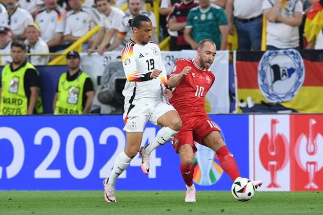 Soccer UEFA EURO 2024 Round of 16 Germany Denmark on 29 06 2024 at BVB Stadion Dortmund in Dortmund Leroy Sane Germany , left Christian Eriksen Denmark , right xRx