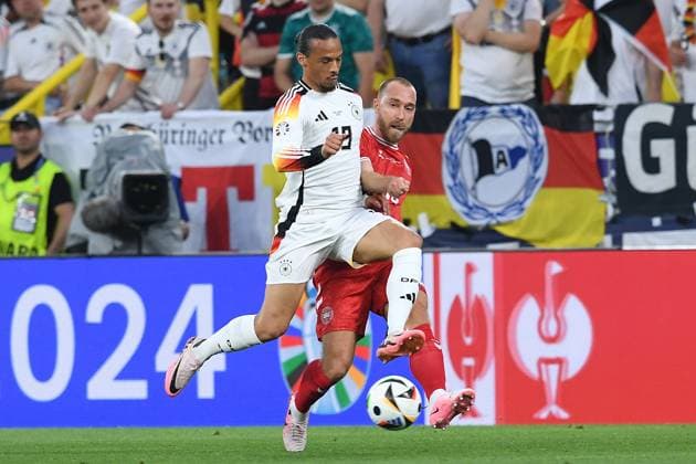 Soccer UEFA EURO 2024 Round of 16 Germany Denmark on 29 06 2024 at BVB Stadion Dortmund in Dortmund Leroy Sane Germany , left Christian Eriksen Denmark , right xRx