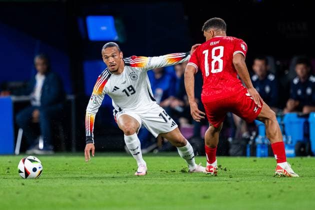 240629 Leroy Sane of Germany and Alexander Bah of Denmark during the UEFA Euro 2024 Football Championship round of 16 match between Germany and Denmark on June 29, 2024 in Dortmund Photo Jesper Zerman BILDBYRAN kod JZ JZ0545 fotboll football soccer fotballs em europamästerskap em uefa euro uefa european football championship euro 2024 tyskland germany danmark denmark bbeng  Copyright: JESPERxZERMAN BB240629JZ031