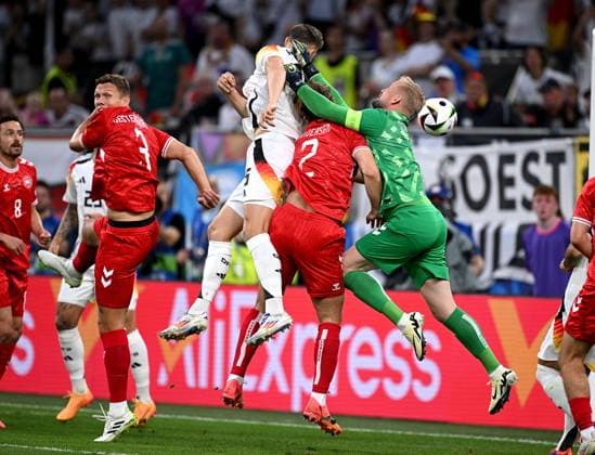 Football Euro 2024 Round of 16 29 06 2024 Germany Denmark Jannik Vestergaard left, Denmark v Nico Schlotterbeck Goal for 1 0 is not given 2 v left , Germany v Joachim Andersen 3 v left , Denmark v goalkeeper Kasper Schmeichel right, Denmark
