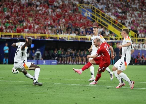 Dortmund, Germany, 29th June 2024. Christian Eriksen of Denmark shoots wide during the UEFA European Championships Group 16 match at the BVB Stadion, Dortmund. Picture credit should read: Paul Terry Sportimage EDITORIAL USE ONLY. No use with unauthorised audio, video, data, fixture lists, club league logos or live services. Online in-match use limited to 120 images, no video emulation. No use in betting, games or single club league player publications. SPI-3213-0031