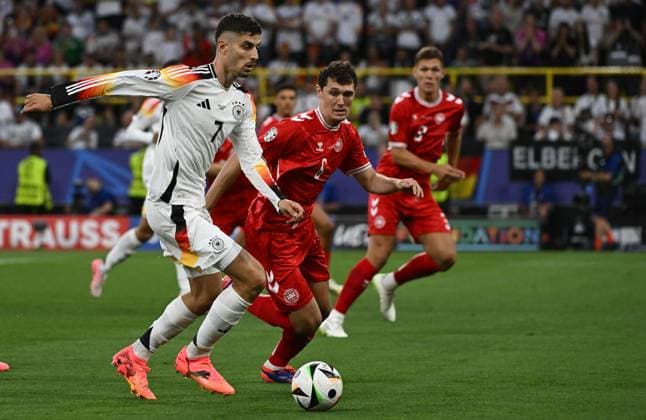 29 06 2024, xpsx, Football EM 2024 1 8 Final, Germany Denmark emspor, v l Kai Havertz Deutsche Fussball Nationalmannschaft DFB , Andreas Christensen Denmark Daenemark DFL DFB REGULATIONS PROHIBIT ANY USE OF PHOTOGRAPHS as IMAGE SEQUENCES and or QUASI VIDEO Dortmund