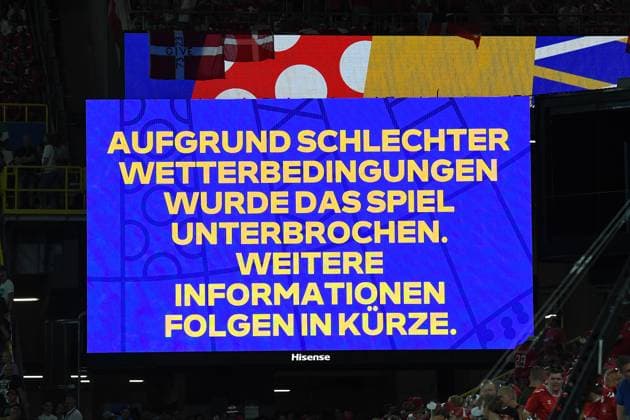 Soccer UEFA EURO 2024 Round of 16 Germany Denmark on 29 06 2024 at BVB Stadion Dortmund in Dortmund Scoreboard Video wall Due to bad weather conditions the match was , interrupted Further information will follow shortly xRx
