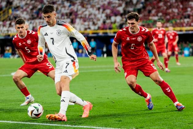 UEFA EURO 2024 Germany Denmark 29 06 2024 Kai Havertz Germany, 7 , Joakim Maehle Pedersen Denmark, 5 , Andreas Christensen Denmark, 6 UEFA EURO 2024 Germany Denmark BVB Stadion Dortmund, Dortmund on 29 06 2024 Copyright: xBEAUTIFULxSPORTS Wunderlx