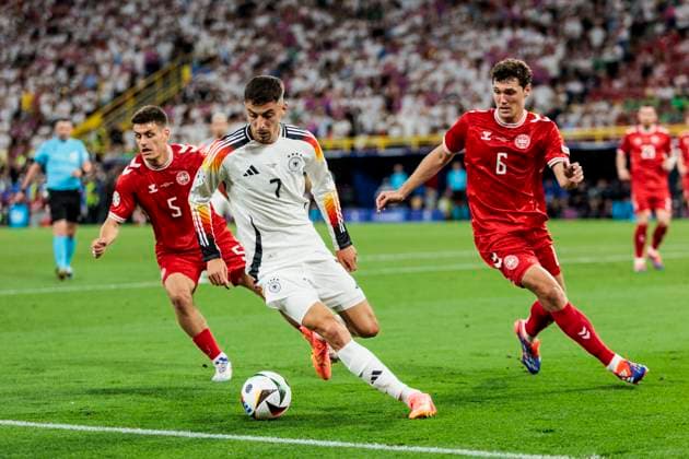UEFA EURO 2024 Germany Denmark 29 06 2024 Kai Havertz Germany, 7 , Joakim Maehle Pedersen Denmark, 5 , Andreas Christensen Denmark, 6 UEFA EURO 2024 Germany Denmark BVB Stadion Dortmund, Dortmund on 29 06 2024 Copyright: xBEAUTIFULxSPORTS Wunderlx