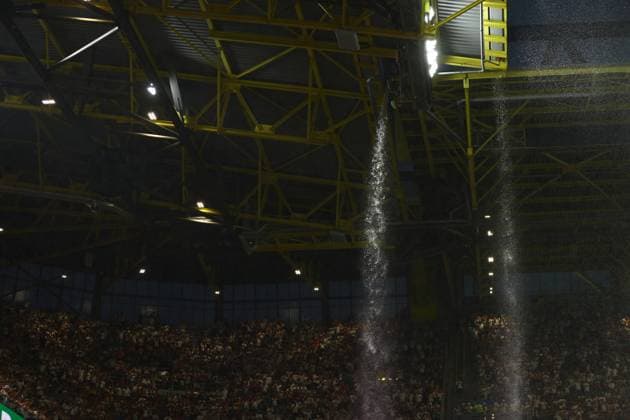 Water Pours through the roof Germany v Denmark, UEFA European Championship, EM, Europameisterschaft 2024, Round of 16, Football, BVB Stadion, Dortmund, Germany - 29 Jun 2024 EDITORIAL USE ONLY No use with unauthorised audio, video, data, fixture lists, club league logos or live services. Online in-match use limited to 120 images, no video emulation. No use in betting, games or single club league player publications. Copyright: xKieranxMcManus Shutterstockx 14562066ba